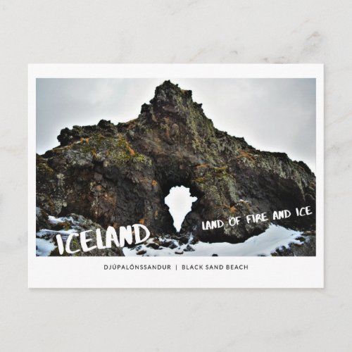 Iceland land of ice  fire lava rock black sand postcard