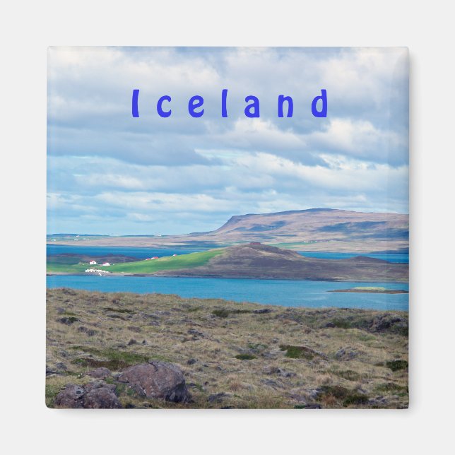 Iceland morning seascape with farms in a fjord magnet (Front)