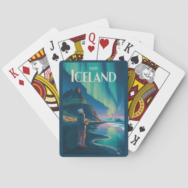 Iceland Northern Lights Illustration Travel Art Vi Poker Cards (Back)