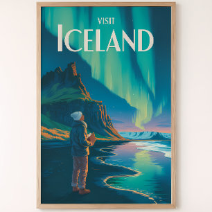 Iceland Northern Lights Illustration Travel Art Vi Poster