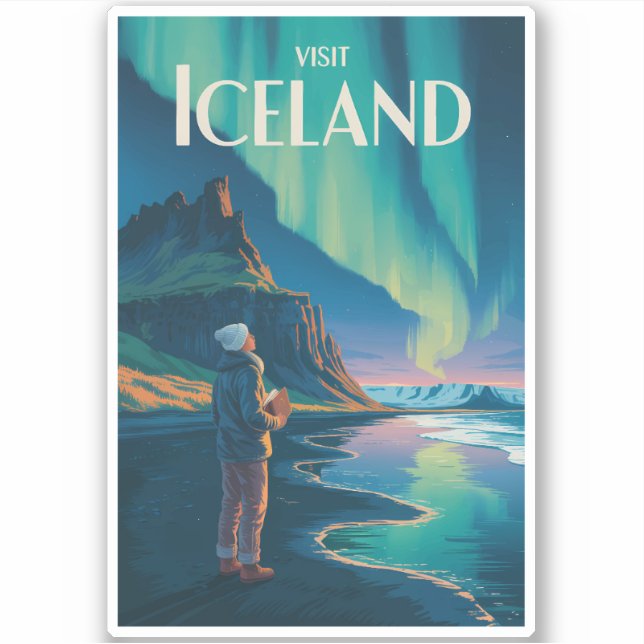 Iceland Northern Lights Illustration Travel Art Vi Sticker (Front)