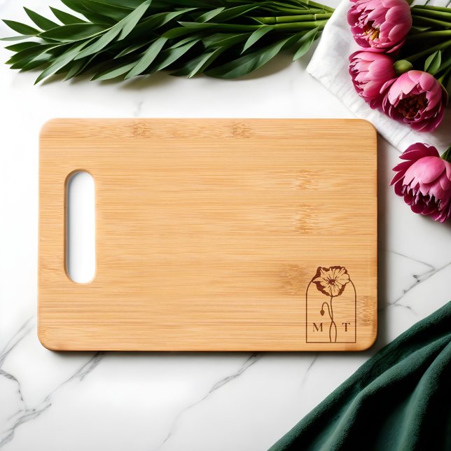 Iceland Poppy Flowers Arch Crest Monogram Engraved Cutting Board (Iceland Poppy Flowers Arch Crest Monogram Cutting Board)