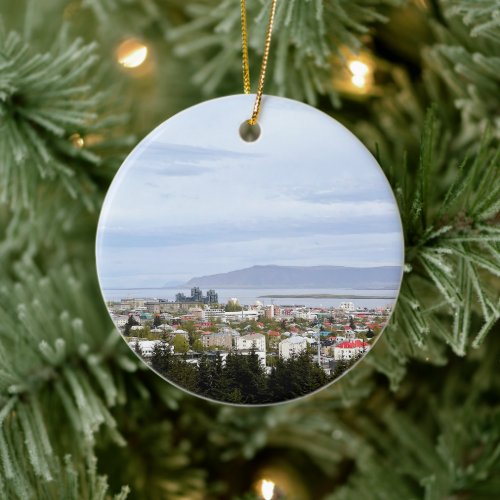 Iceland Reykjavik Cityscape Esja Text Personalize Ceramic Ornament