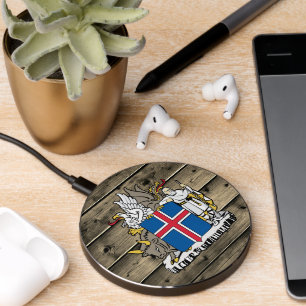 Iceland Rustic Wood, Icelandic Coat of Arms, flag Wireless Charger