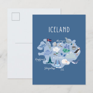 Iceland travel map (dark blue) postcard