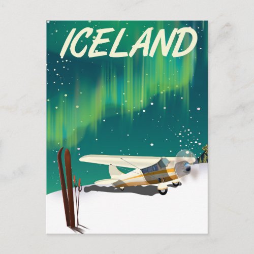 Iceland vintage style ski plane poster postcard