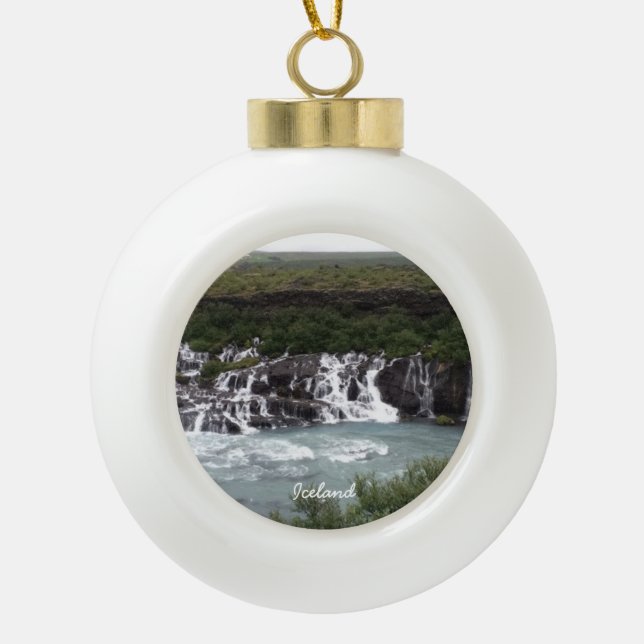 Iceland waterfall - Ceramic Ball Ornament (Front)