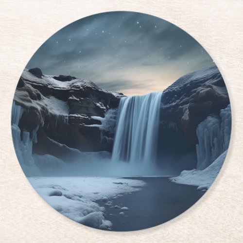 Iceland waterfall landscape round paper coaster