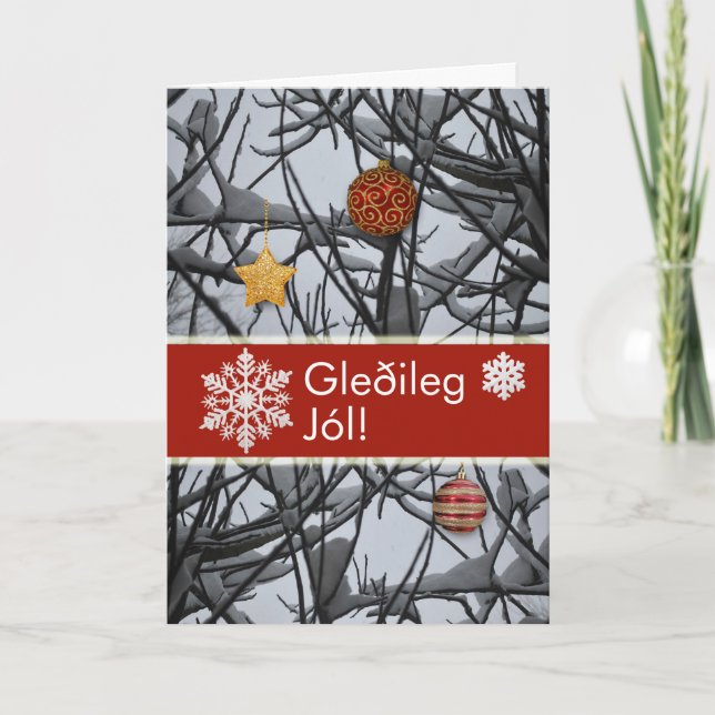 Icelandic Christmas Ornaments on Snowy Branches Holiday Card (Front)