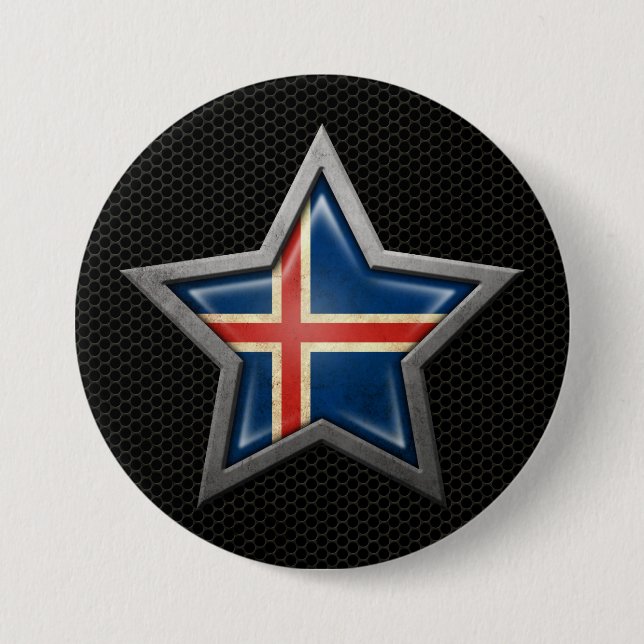Icelandic Flag Star with Steel Mesh Effect Pinback Button (Front)