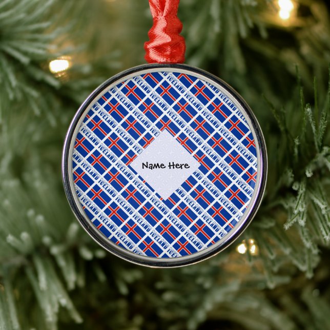 Icelandic Flag Tiled Black Personalization  Metal Ornament (Tree)