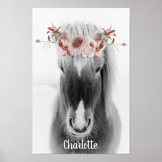 Icelandic Horse and Floral Crown Personalized Name Poster (Front)