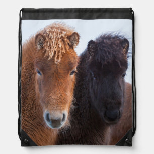 Icelandic Horse during winter on Iceland Drawstring Bag