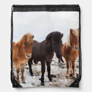Icelandic Horse during winter on Iceland Drawstring Bag
