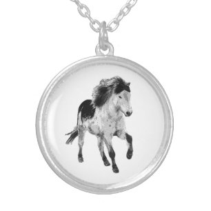Icelandic horse in black and white silver plated necklace