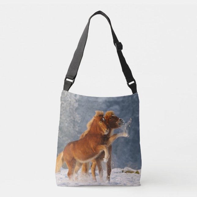Icelandic Horses Foal Play in Snow Funny Crossbody Crossbody Bag (Front)