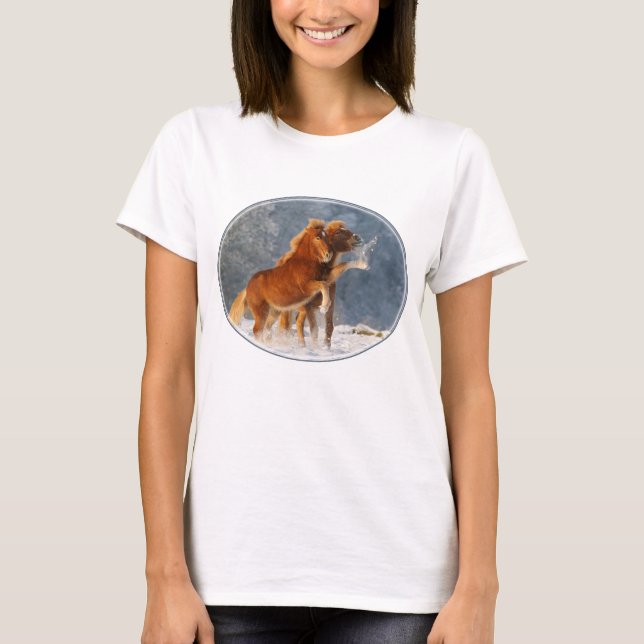 Icelandic Horses Foal Playing in Snow, Cotton T T-Shirt (Front)