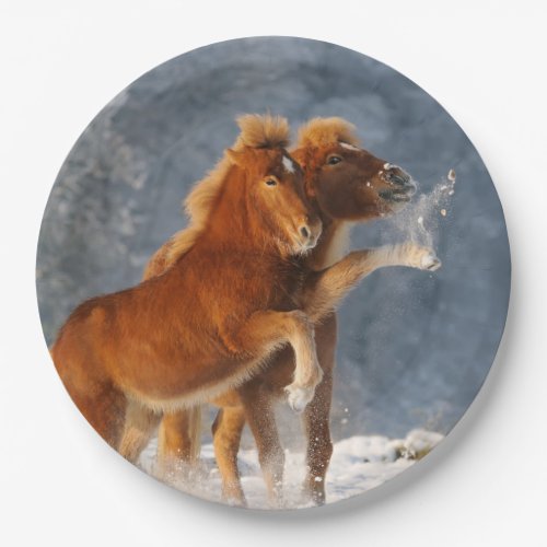 Icelandic Horses Foal Playing in Snow Happy Party Paper Plates
