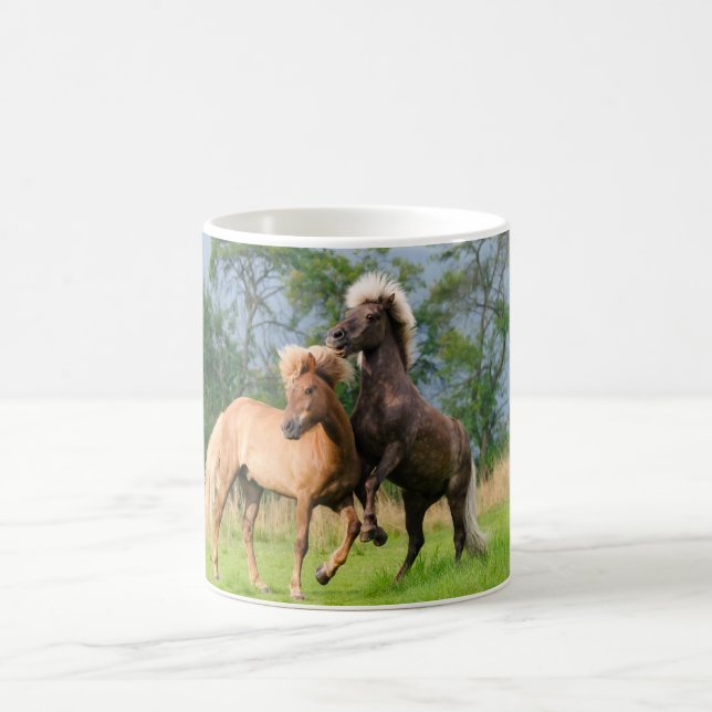 Icelandic Horses Playing and Rearing, Photo _ Coffee Mug (Center)