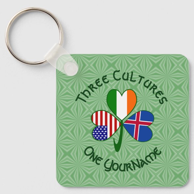 Icelandic Irish American Flag Shamrock Personalize Keychain (Front)