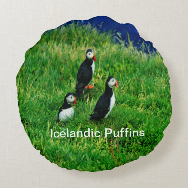 Icelandic Puffins in Summer Round Pillow (Back)