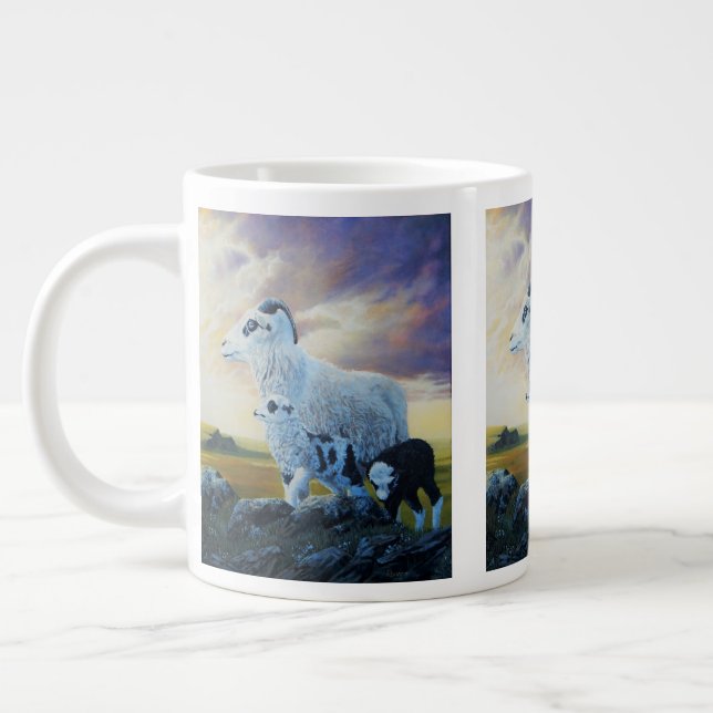 Icelandic sheep, ewe and lambs, sunrise sky giant coffee mug (Left)