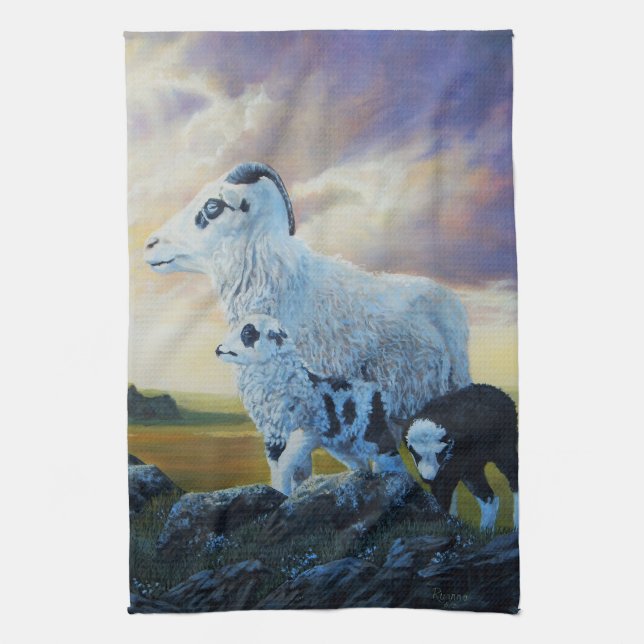 Icelandic sheep, ewe and lambs, sunrise sky kitchen towel (Vertical)