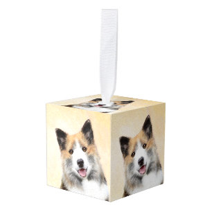Icelandic Sheepdog Painting - Original Dog Art Cube Ornament
