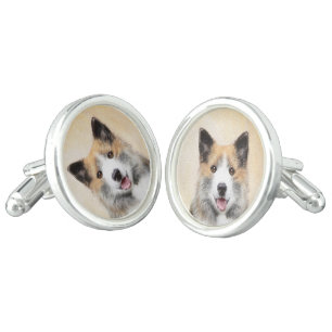 Icelandic Sheepdog Painting - Original Dog Art Cufflinks