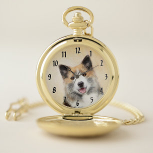 Icelandic Sheepdog Painting - Original Dog Art Pocket Watch