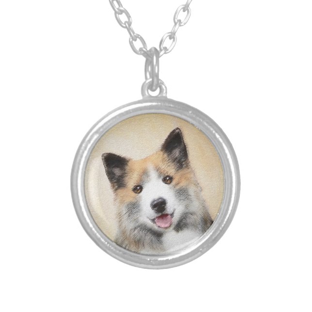 Icelandic Sheepdog Painting - Original Dog Art Silver Plated Necklace (Front)