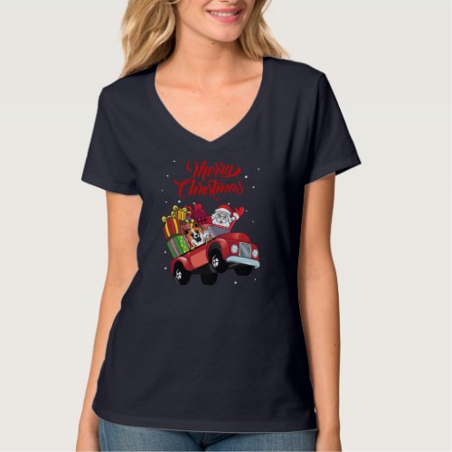 Icelandic Sheepdog With Santa Claus In Red Truck D T_Shirt