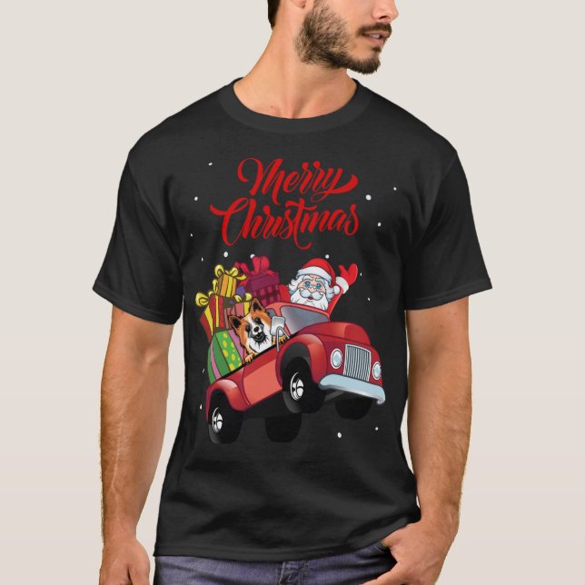 Icelandic Sheepdog With Santa Claus In Red Truck D T-Shirt (Front)