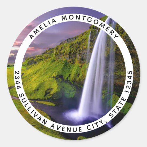 Icelandic Waterfall Green Nature Photo Address Classic Round Sticker