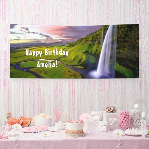 Icelandic Waterfall Green Nature Photo Birthday Banner