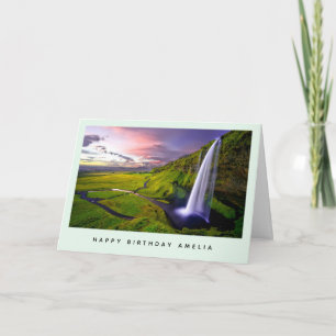 Icelandic Waterfall Green Nature Photo Birthday Card