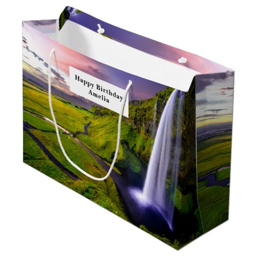 Icelandic Waterfall Green Nature Photo Birthday Large Gift Bag