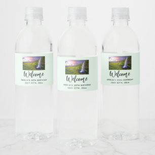 Icelandic Waterfall Green Nature Photo Birthday Water Bottle Label