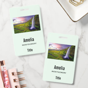 Icelandic Waterfall Green Nature Photo Business Badge