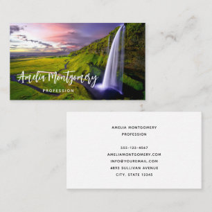 Icelandic Waterfall Green Nature Photo Business Card
