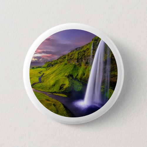 Icelandic Waterfall Green Nature Photo Button