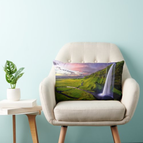 Icelandic Waterfall Green Nature Photo Lumbar Pillow