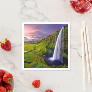 Icelandic Waterfall Green Nature Photo Napkins