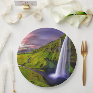 Icelandic Waterfall Green Nature Photo Paper Plates