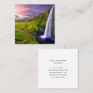 Icelandic Waterfall Green Nature Photo Square Business Card
