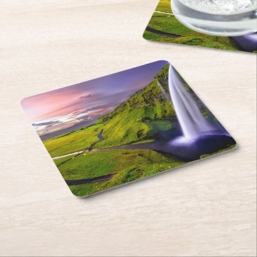 Icelandic Waterfall Green Nature Photo Square Paper Coaster