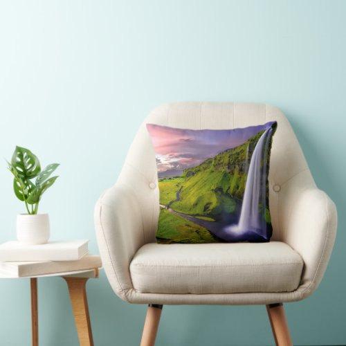 Icelandic Waterfall Green Nature Photo Throw Pillow