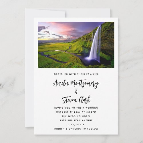 Icelandic Waterfall Green Nature Photo Wedding Invitation