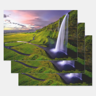Icelandic Waterfall Green Nature Photo Wrapping Paper Sheets