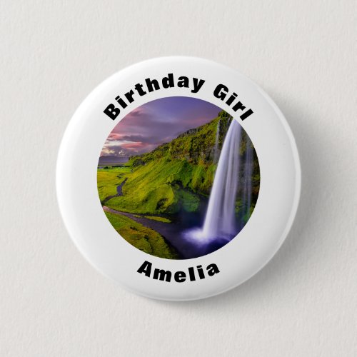 Icelandic Waterfall Nature Photo Birthday Girl  Button